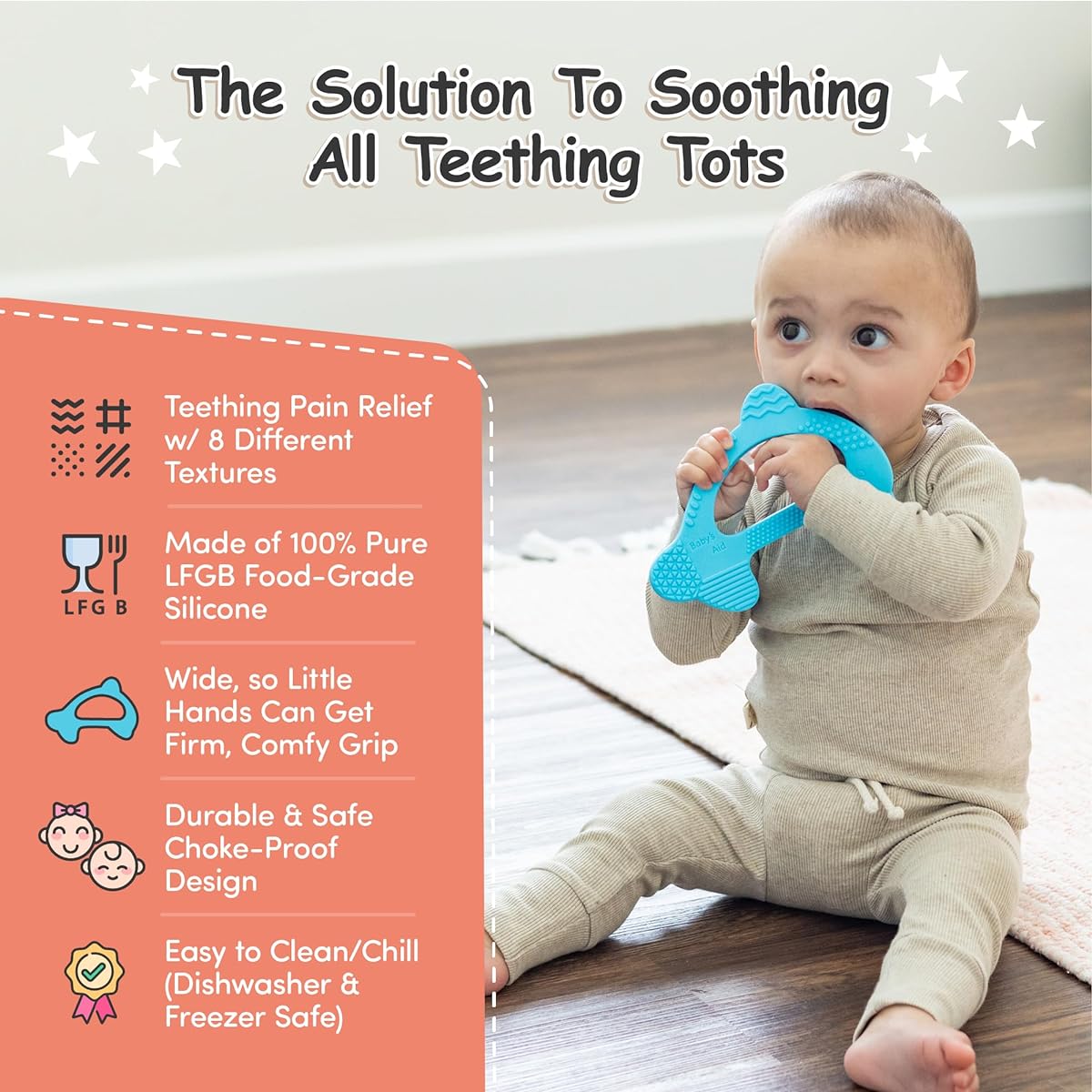 Baby's Aid Multi-Textured Dolphin Silicone Teether - Easy to Hold, Soft and Comfortable Teether - Comes with Gift Packaging for Baby Shower and Baby Registry
