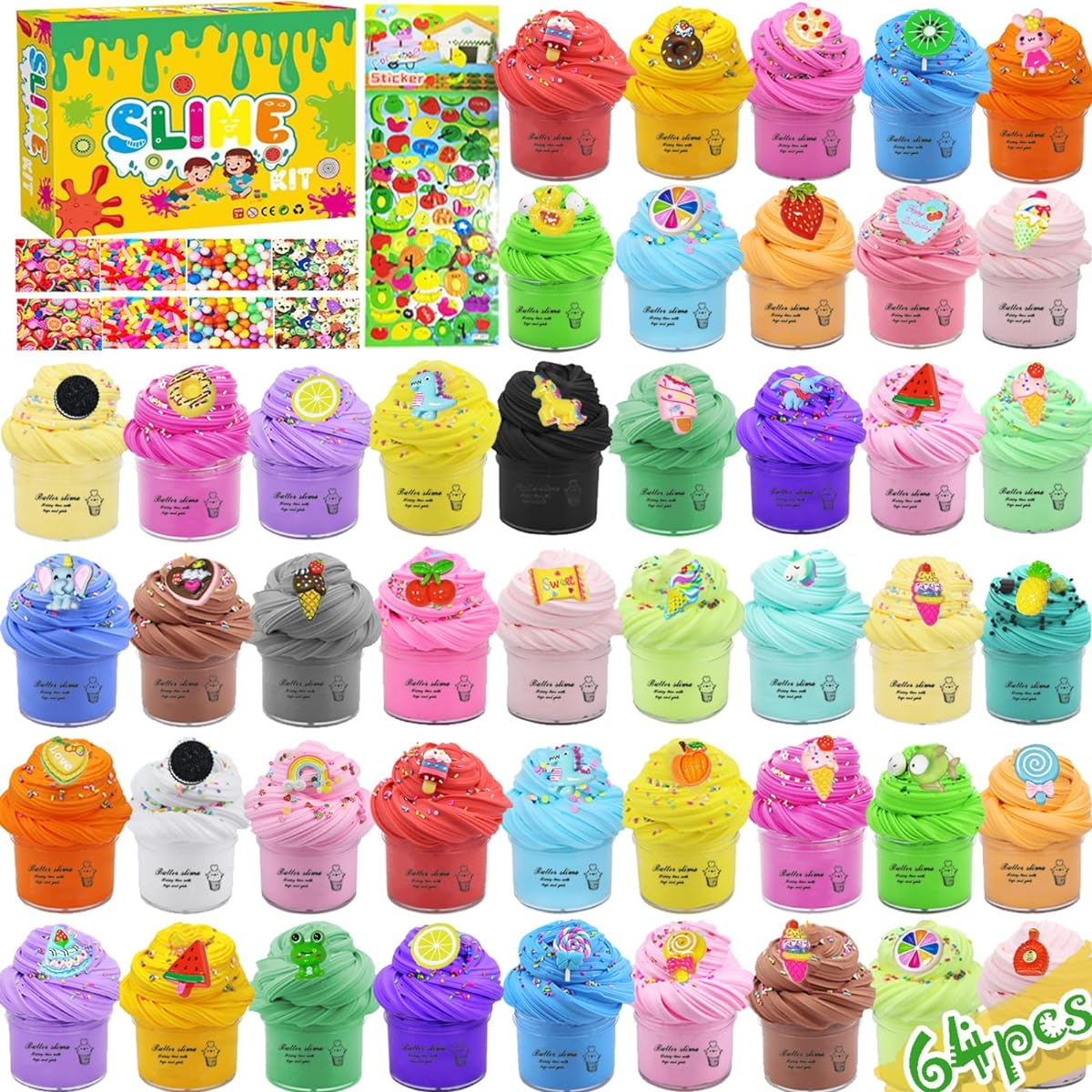 Butter Slime Kit for Girls 64 Pack Slime Party Favors DIY Butter Slime Kit for Kids Peach Bee Slime Slime Making Kit Cloud Slime Birthday Gift for Girls and Boys