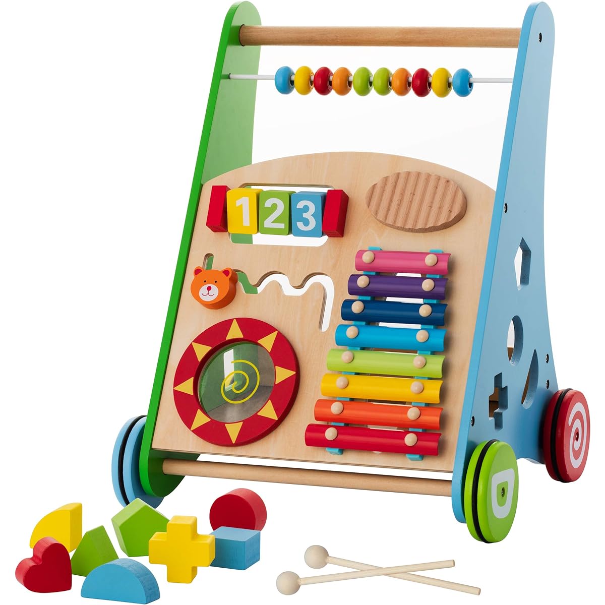 Baby Toys - Kids Activity Toys - Wooden Push & Pull Learning Walker for Toddlers Boys Girls - Multiple Activity Center - Develops Motor Skills and Stimulates Creativity - Birthday Gift