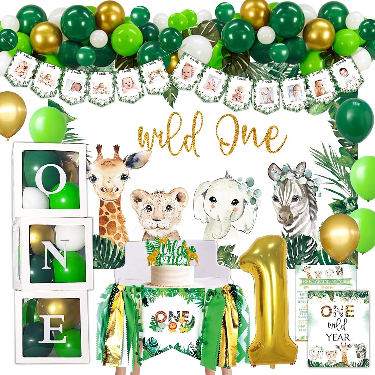 Wild One Birthday Decorations Supplies Jungle Theme 1st Birthday Decorations Wild One Backdrop Highchair Banner First Birthday Balloon Box for 1st Birthday Boy or Girl Decorations Jungle Safari 1st Birthday Party Supplies