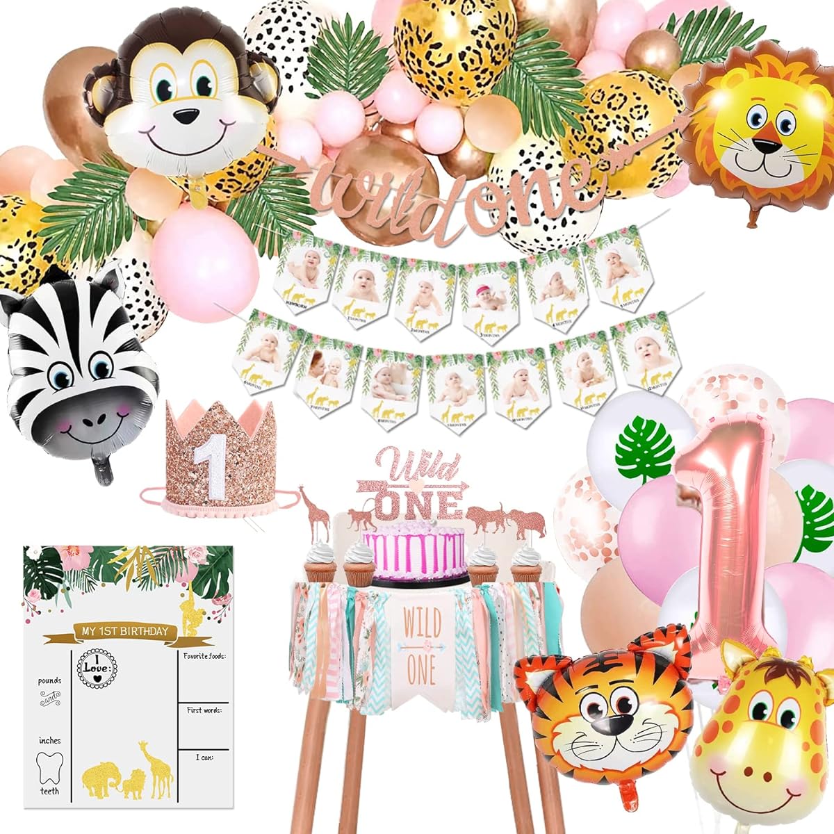 GREPARPY Wild One Birthday Decorations - 1st Girl Animal Jungle Theme Party Supplies with Balloons, Photo Banner, Crown, Topper, Tassels and Milestone Signs for First Safari Birthday Decorations
