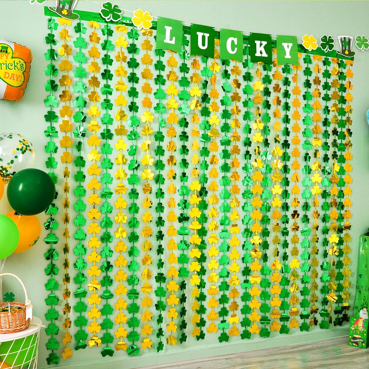 LOLStar 2 Pack St. Patrick's Day Foil Fringe Curtains St. Patrick's Day Party Decorations 3.3x6.5ft Shamrock Green and Gold Tinsel Curtains Photo Booth Props Background Streamer for Irish Party Decorations, ZH-33-2P