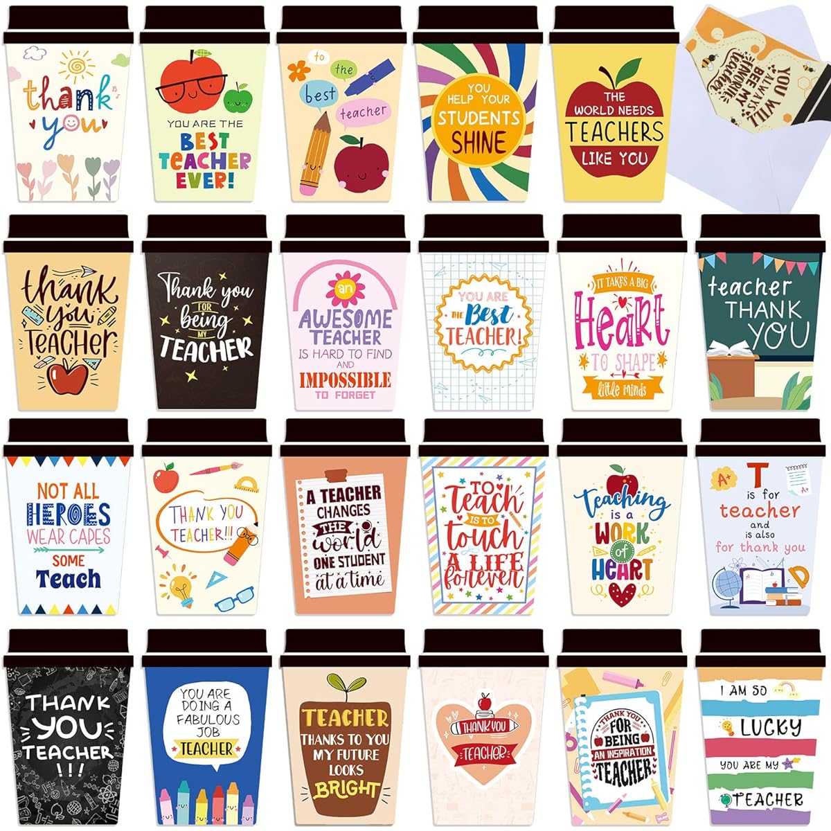 Thank You Cards for Teachers Coffee Cup Thank You Cards with Envelopes Teacher Appreciation Cards 24 Different Designs Appreciation Greeting Cards Teachers' Day Teacher Office Favors 4 x 6 Inches Pack of 48