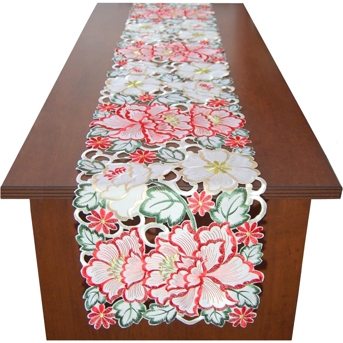 EcoSol Designs - Embroidered Christmas Table Runner Elegant Centerpiece for the Holiday Season White Red Gold Table Runner 13 x 87 Inches