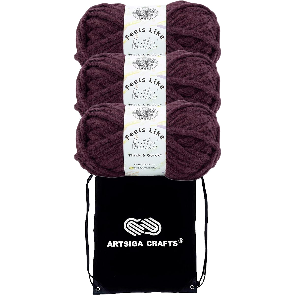 Lion Brand Yarn, Pig-Like Feel, Thick and Fast, Vineyard Wine, LB155-189 (3 Walls), Same Dye Lot Weight, S, Bulky #6, Soft, 100% Polyester, Bundle with 1 Artsiga Kraft Bag
