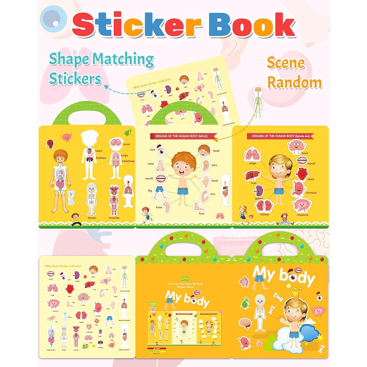Benresive Reusable Sticker Book for Kids 2-4 Fun Sticker Book for Toddlers 1-3 Toddler Stickers 2-4 Years 30 Sheets Cute Waterproof Stickers for Teens Girls Boys Birthday Gifts Ages 2+ - My Body Sticker Book