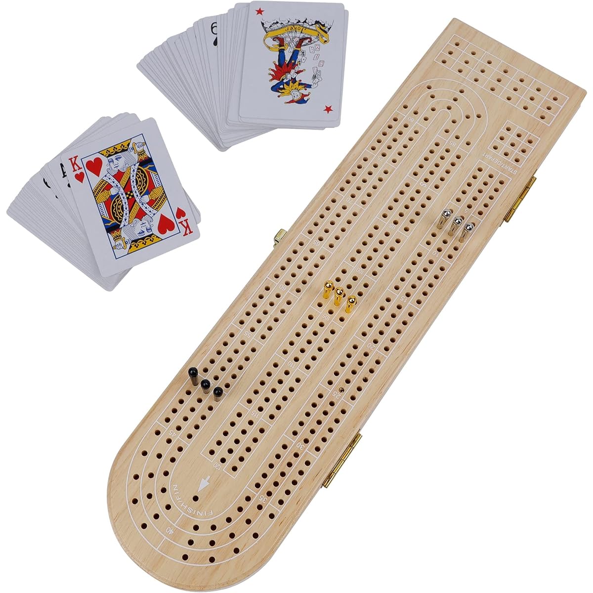 Juegoal Wooden Cribbage Board Game Set, Solid Wood Continuous Track Board with Storage Area, 9 Metal Pegs and Playing Cards, Portable Cribbage Game Set for Travel, Nature Color