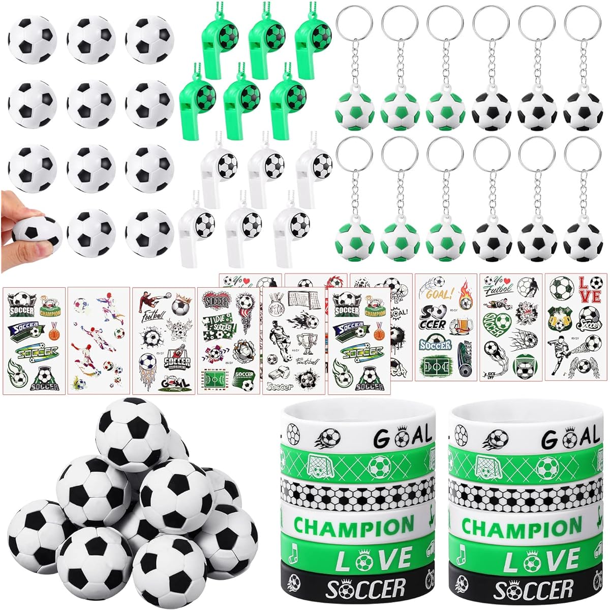 Sports Party Favors Set Basketball Baseball Soccer Goodie Bag Fillers Toy Whistle Stickers Stress Ball Keychain Silicone Bracelet Eraser Birthday Party Supplies Decorations (Soccer)