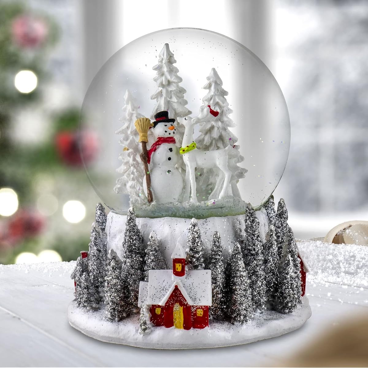 San Francisco Music Box Company 120mm Santa & Snowman Red Village Base Snow Globe