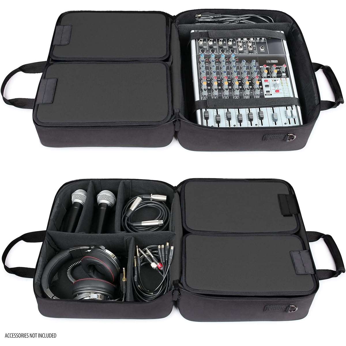 USA Gear Audio Mixer Case - DJ Mixer Travel Bag Customizable Interior & Waterproof Exterior Compatible with Behringer Q1202USB Mackie ProFX8v2 Yamaha MG10XU and More Mixers - Black