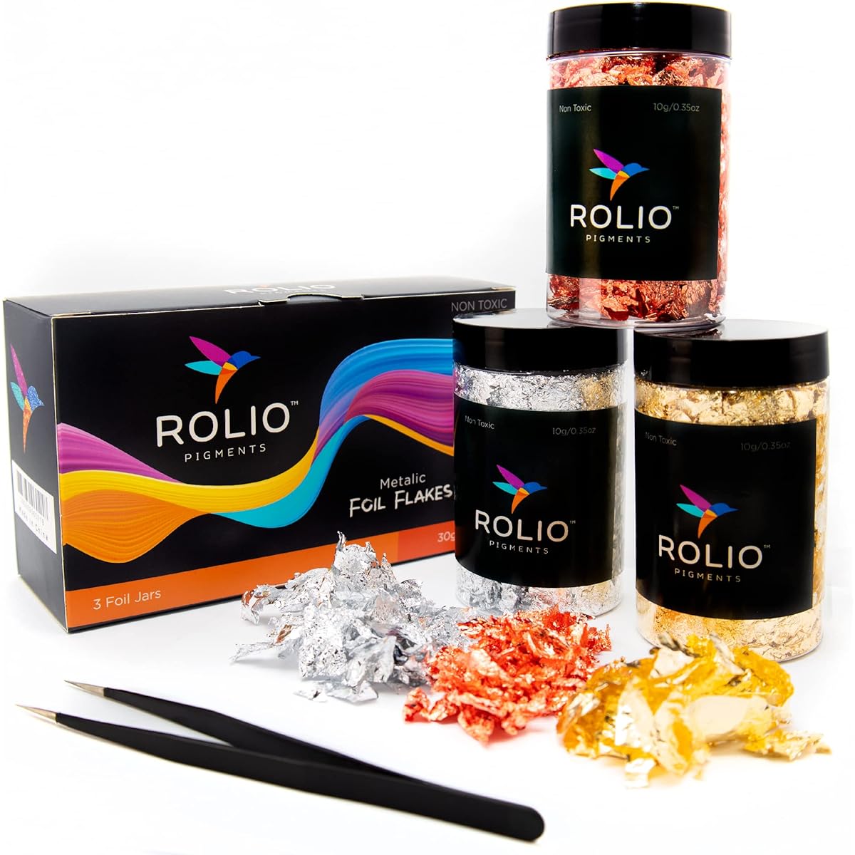 Rolio 3pcs Metallic Foil Flakes (Gold, Copper, Silver) Epoxy/Nail Art/Painting/DIY Art/Crafts/Slime/Face & Eye Makeup/Resin Jewelry 10g/0.35oz Each