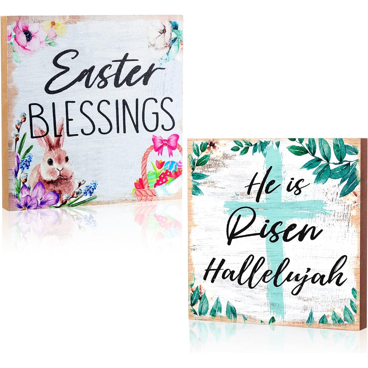 2pcs Easter Wooden Plaque Easter Christian Wooden Sign Easter Blessings and He Risen Hallelujah Rustic Easter Religious Wooden Table Decor Wall/Door/Room/Home Decor