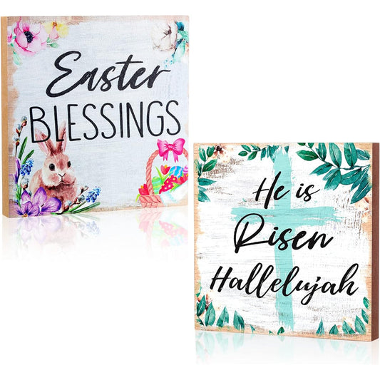 2pcs Easter Wooden Plaque Easter Christian Wooden Sign Easter Blessings and He Risen Hallelujah Rustic Easter Religious Wooden Table Decor Wall/Door/Room/Home Decor