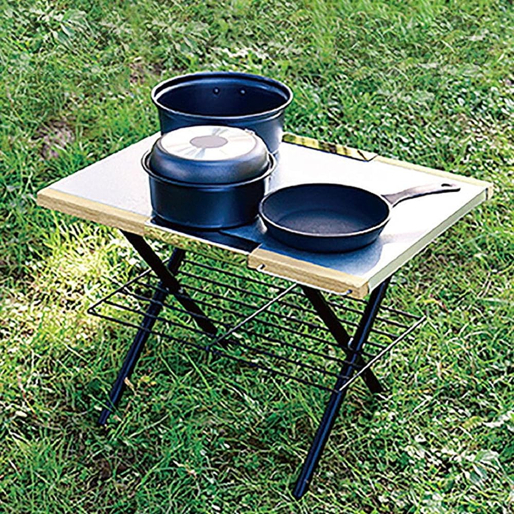 [Campers Collection Yamazen] Table Camping Outdoor Bonfire Heat and Rust Resistant Compact Silver Fireside Table with Net Shelf FST-5040