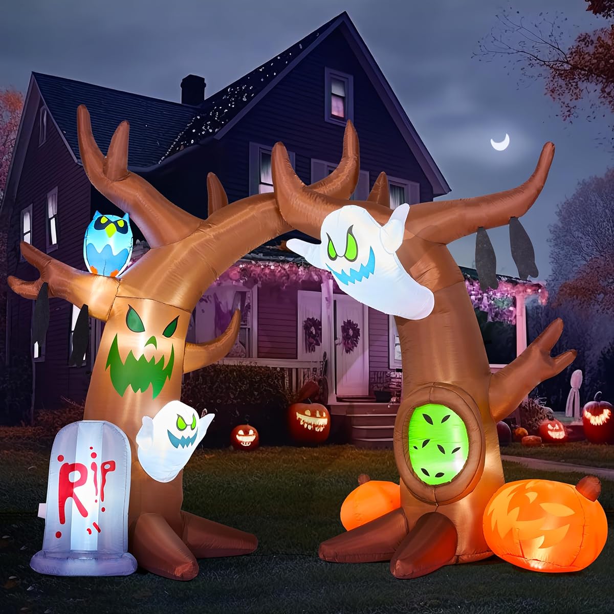 Joiedomi 8ft Tall Halloween Inflatable Scary Wooden Archway with Built-in LED Inflatable Ghost Pumpkin Grave Blow Up Inflatable for Halloween Party Indoor Outdoor Yard Garden Lawn Decoration