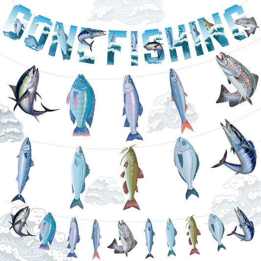 2 Line Fish Party Decorations,Gone Fishing String Hanging Banner,Fish Birthday Decorations,Retirement Party Decorations,Fish Birthday Party Supplies,Outdoor Saltwater BBQ Party Decorations