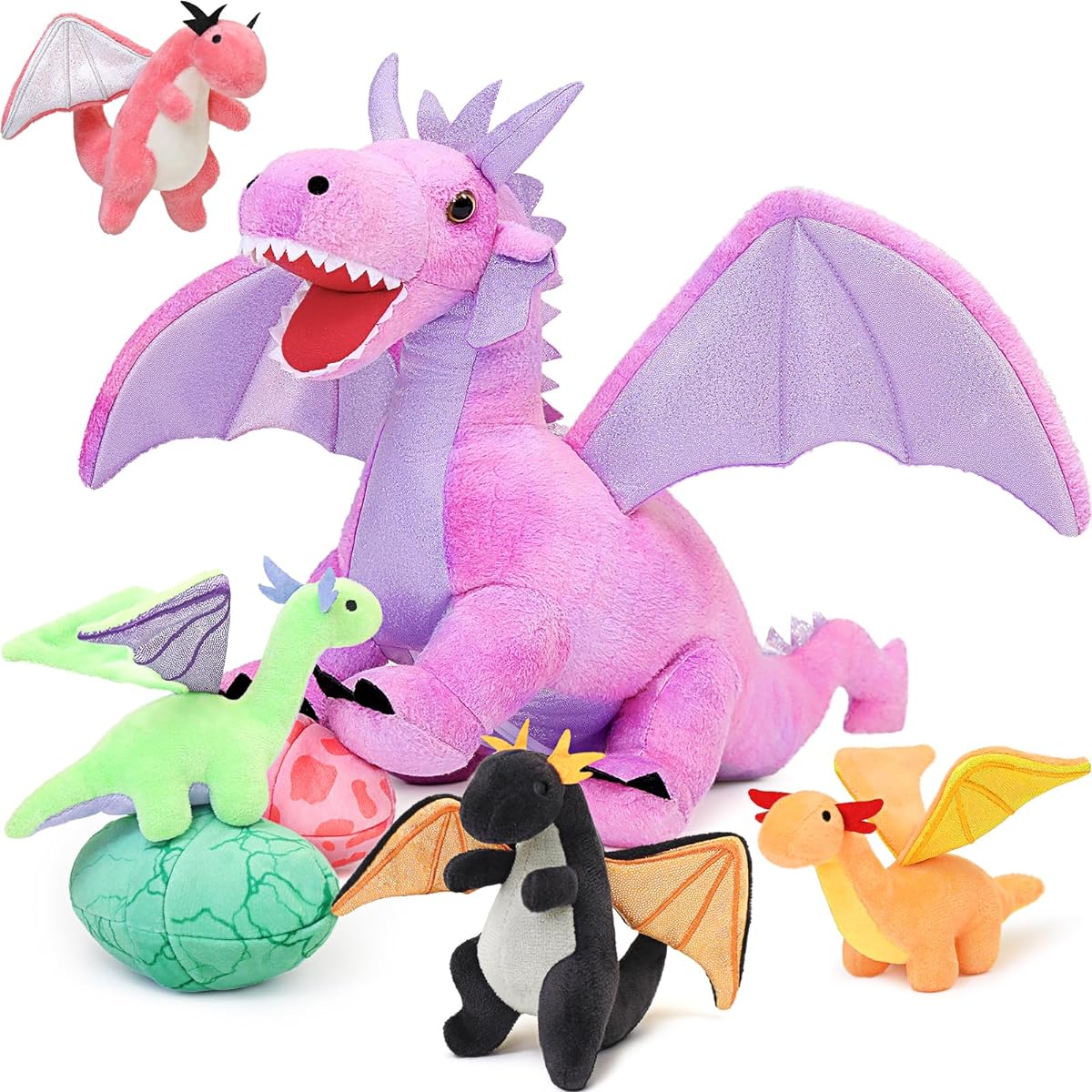 MaoGoLan 7 Pieces Dragon Plush Toys, Pink Dragon Stuffed Toy Set, Large Dragon Stuffed Toy Bulk, 4 Babies and 2 Eggs Stuffed Toys.