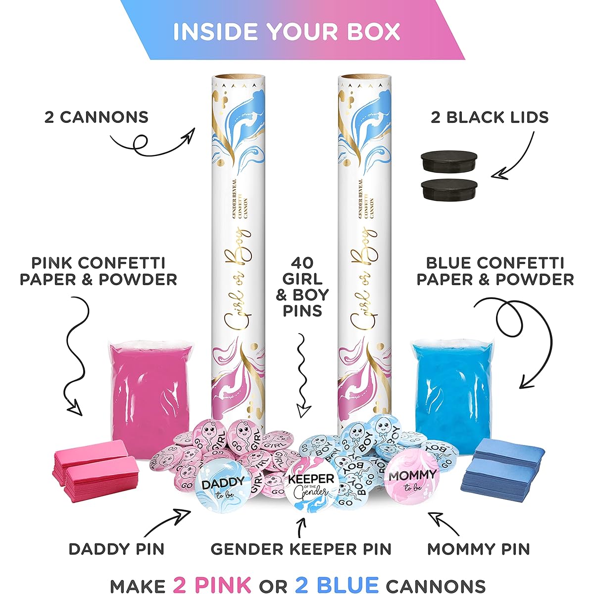 Gender Reveal Powder & Confetti Cannon & Game Party Supplies Set - 2 L (16") Customizable Blue or Pink Cannon|Popper|Confetti Shooter - Baby Gender Reveal Game for Guests - Girl, Boy, Mommy, Daddy, Gender Keeper Pin