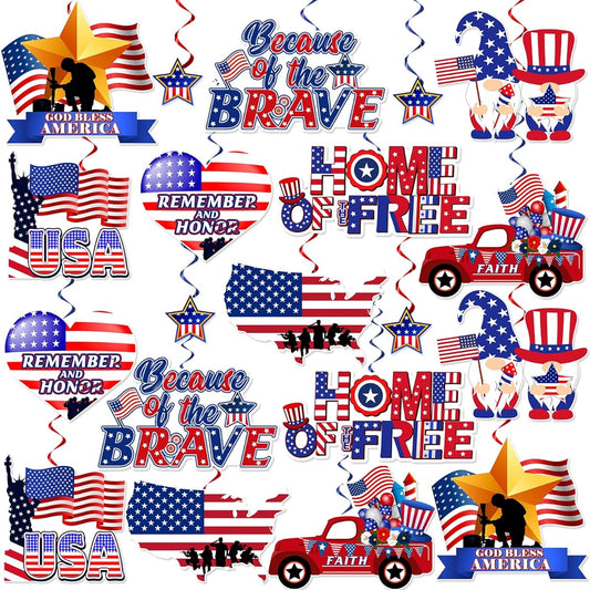 36pcs Memorial Day Decorations Hanging Swirls NO-DIY Patriotic Decor Memorial Day Decorations Outdoor Indoor Swirls Glitter Foil Ceiling Stream Memorial Day Decor