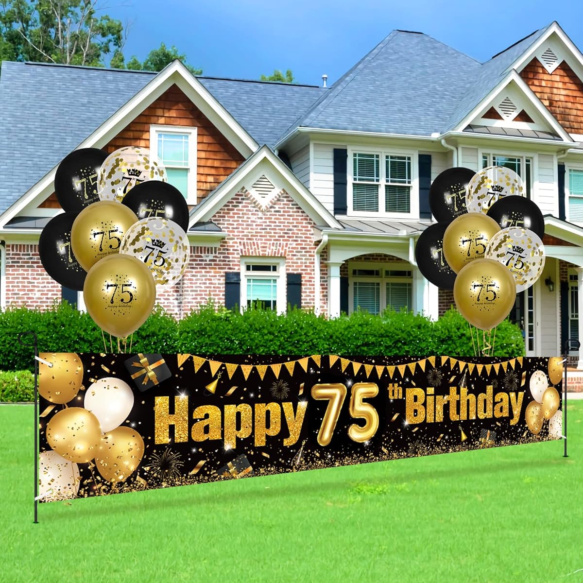 Black Gold 75th Birthday Decorations for Men Women Black & Gold Birthday Yard Banner Sign with 18 75th Birthday Balloons, 75th Anniversary Birthday Party Supplies, Outdoor Yard Decor