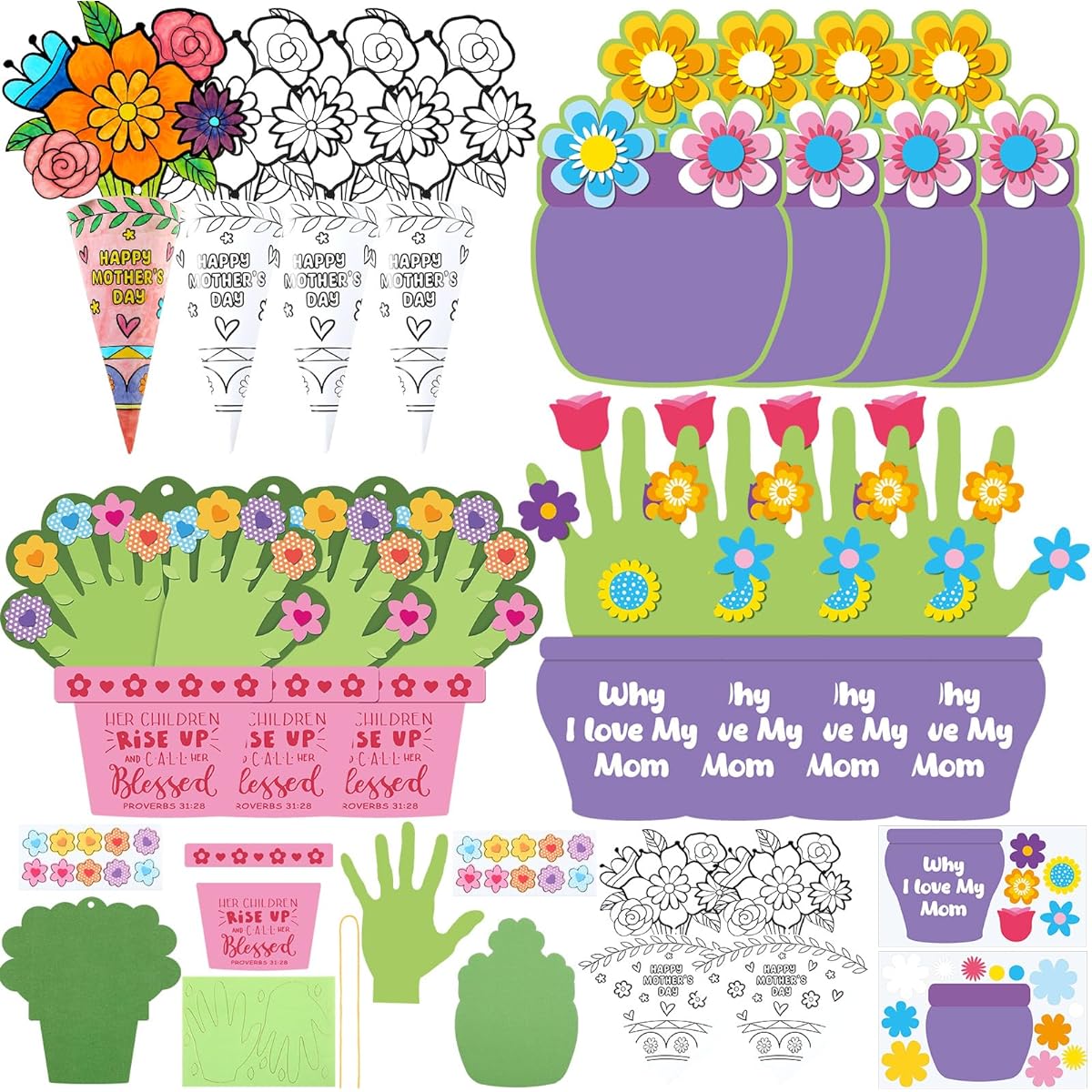 Resurhang 24pcs Mother's Day Bouquet Flower Pot Why I Love My Mother Handprint Craft Kit DIY Mother's Day Crafts for Kids Mother's Day Fun Home Activities Gifts 4 Styles
