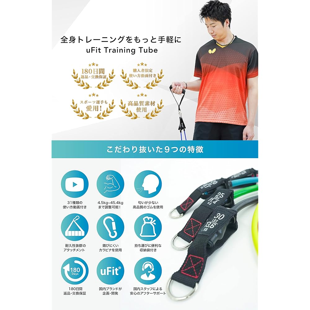 [Japanese Manufacturer] uFit Training Tube, Used by Former Professional Table Tennis Player Jun Mizutani, Set of 5 by Strength, High Intensity Muscle Training, Fitness Tube, Rubber Band, Exercise Band, Door Anchor Included, Storage Bag Included