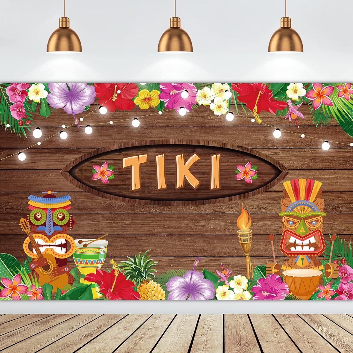 Tiki Banner Summer Backdrop Photography Background Luau Party Decorations Tropical Hawaiian Rustic Wooden Floral Birthday Baby Shower Musical Party Supplies Photo Booth Props