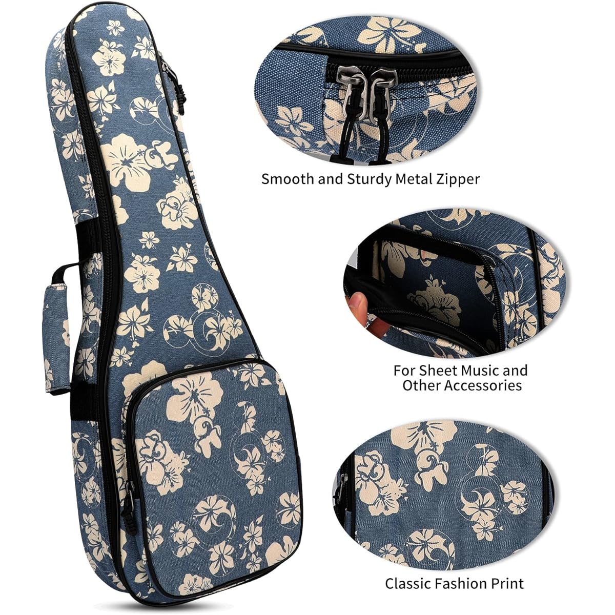 MUINS Ukulele Bag 21 23 26 Ukulele Case Thick Padded for Soprano Concert Tenor Uke with Double Adjustable Straps and Handles (23 Blue Flowers)