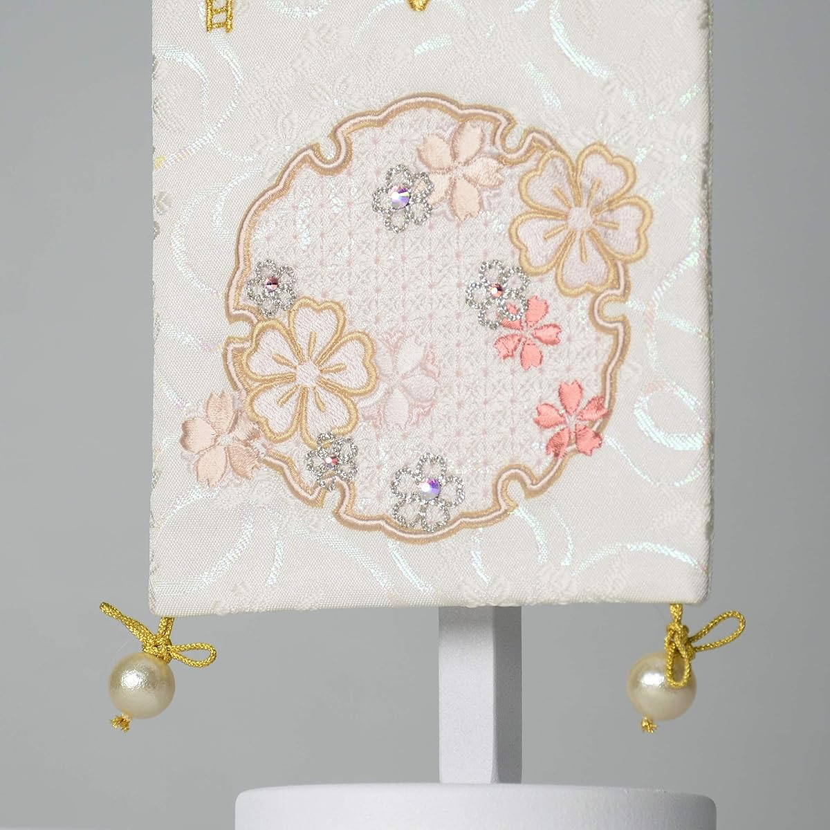 White name flag set with white stand (small) embroidered white crane/snow flower flag size 30cm for girls (snow flower, light pink thread embroidery)