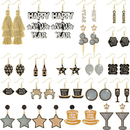 Aurelema 20 Pairs Happy New Year Earrings Bulk Glitter Holiday Earrings Christmas New Year's Eve Jewelry for Women Hook Drop & Dangle Earrings 2024 Festive Party Accessories Jewelry Gifts for Girls, Alloy, Rhinestone, Multicolor Amber