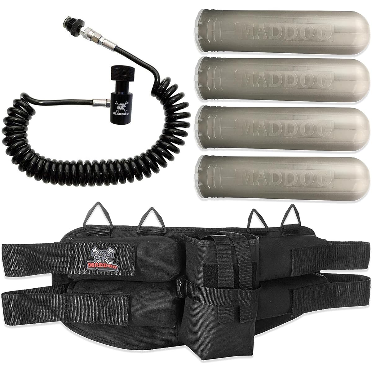 Maddog 4+1 Paintball Harness Pod Pack 4 Paintball Pods and Quick Disconnect Paintball Tank Remote Coil Combo