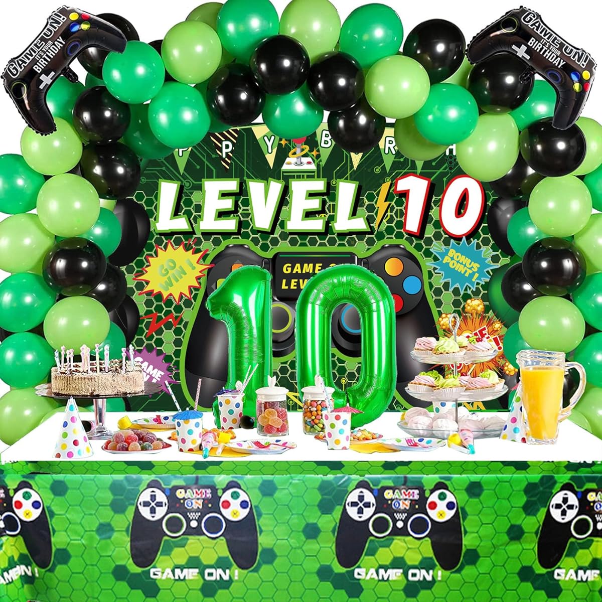 Vlipoeasn 90pcs 10th Birthday Video Game Party Decorations Set,Green 10th Birthday Supplies,10th Video Game Backdrop,Balloons,Tablecloth,Gamer Foil Balloons for 10th Birthday Party