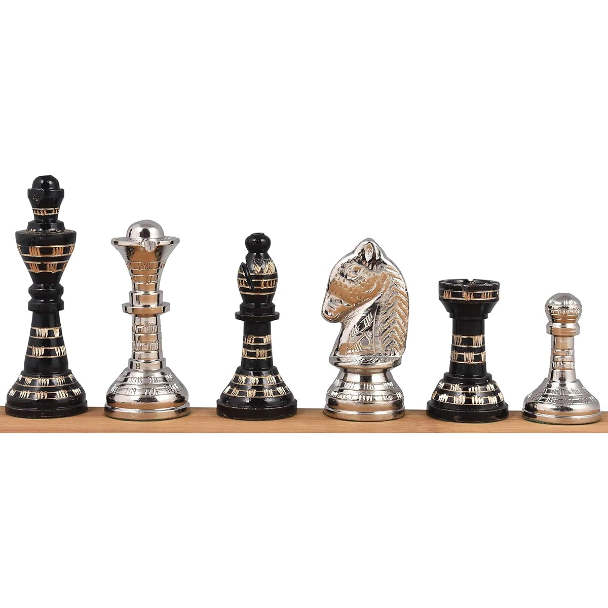 RoyalChessMall - Staunton Style Brass Metal Luxury Chess Pieces & Board Set - 12-Silver & Black