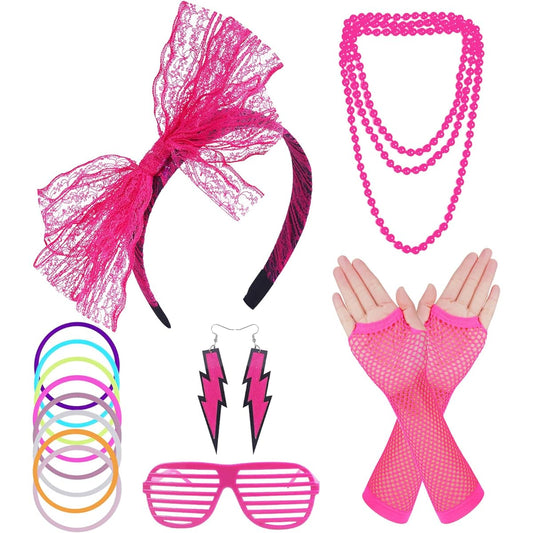 80s Costume for Women, 1980s Theme Party Outfit Fancy Dress, 80s Accessories Set Headband Earrings Fishnet Gloves