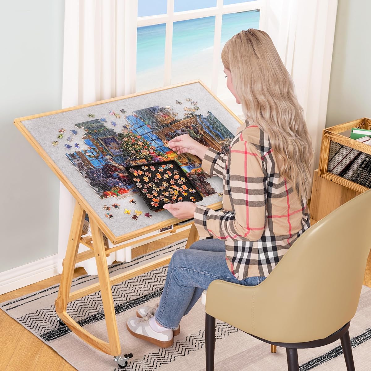 Lavievert 1500 Piece Jigsaw Puzzle Table with Legs & Cover, Adjustable Wooden Puzzle Board, Easel, Storage Shelf, Portable Tilting Puzzle Table with 4 Rolling Wheels for Adults