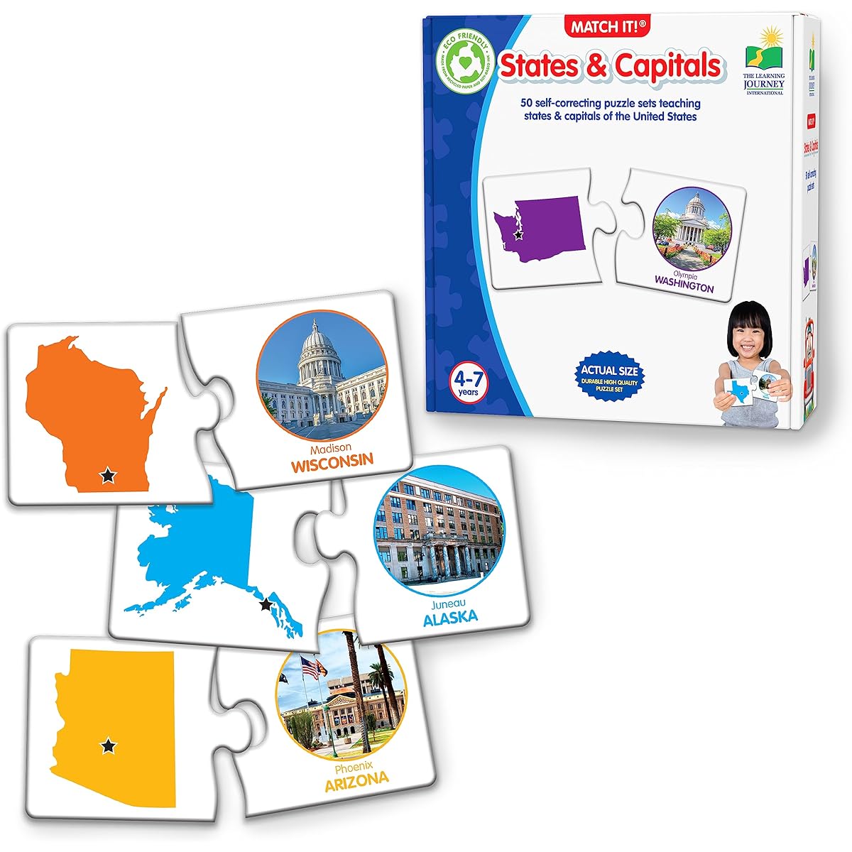 The Learning Journey: Match It! - States and Capitals Puzzle Flashcards - 50 2-Piece Self-Correcting Puzzle Cards - Award-Winning Toy