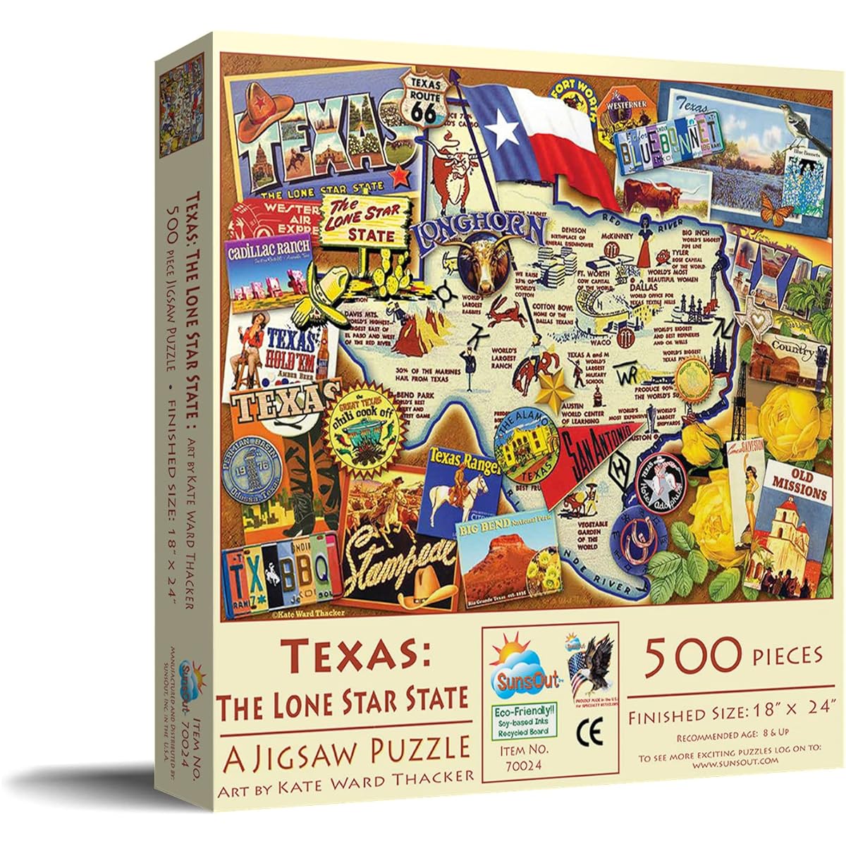 SUNSOUT INC - Texas: The Lone Star State - 500 Piece Jigsaw Puzzle Artist: Kate Ward Thacker - Finished Size 18" x 24" - MPN# 70024