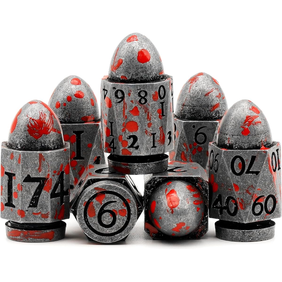 FONVGOGO Bullet DND Dice for Dungeons & Dragons, Solid Metal Dice Set with D&D Box, Polyhedral D and D Dice for Role Playing Tabletop Board Game D20 D12 D10 D8 D6 D4 (Silver Blood Spot)
