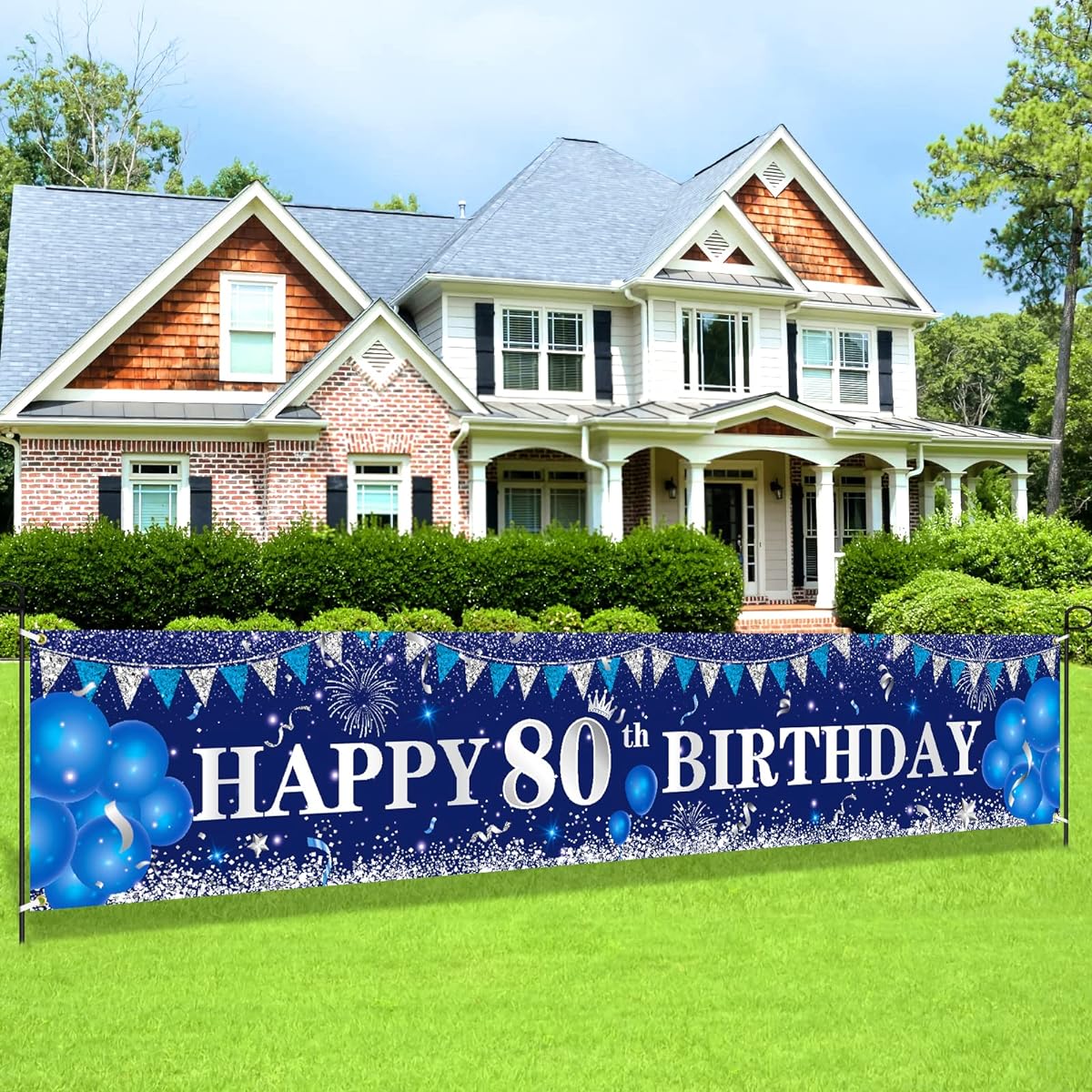 Blue 80th Birthday Decorations Banner Unisex Navy Blue Silver Happy 80th Birthday Yard Banner Sign Outdoor Indoor 80th Birthday Party Decorations 17.7x98 Inch