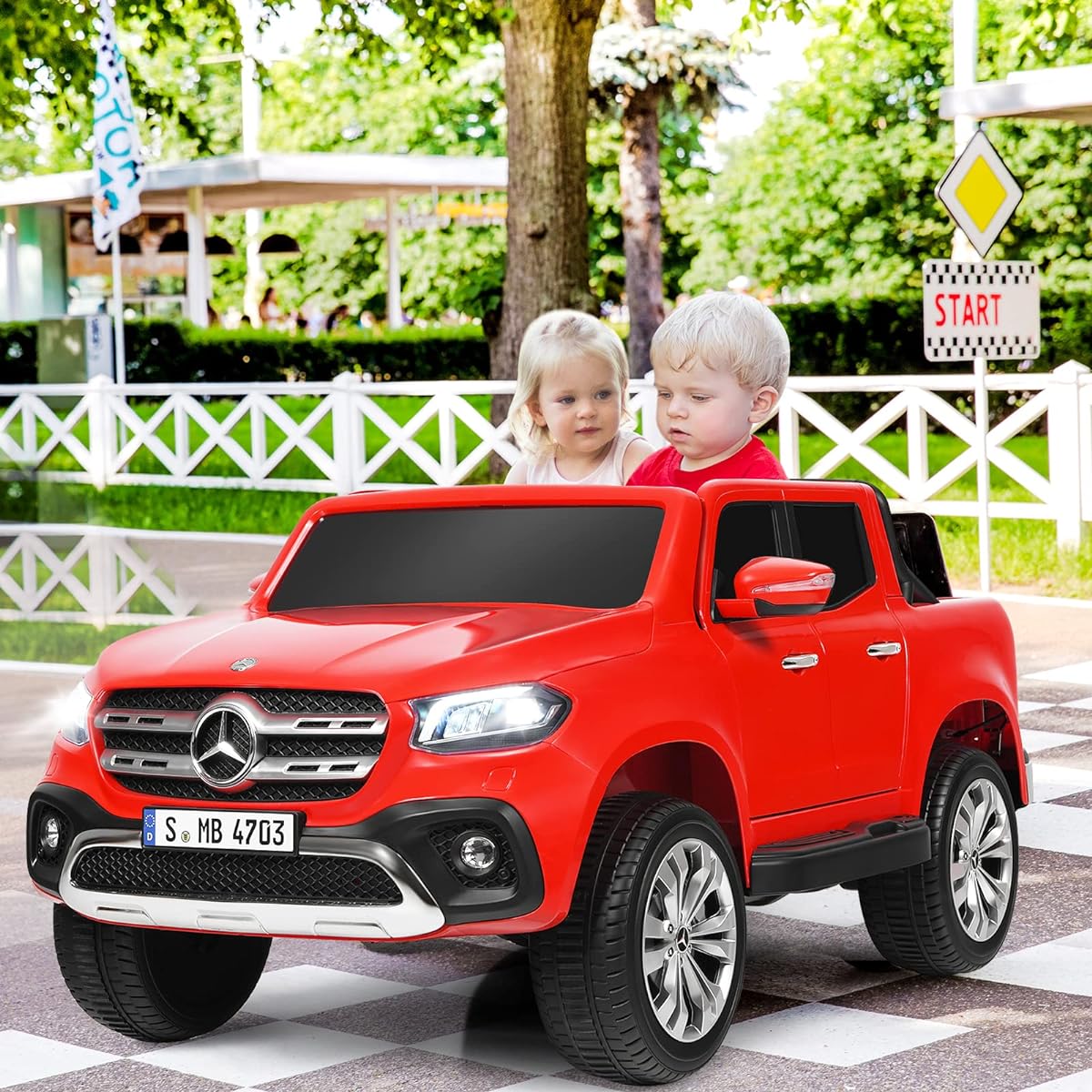 Costzon 2 Seater Ride On Truck Licensed Mercedes Benz X-Class Battery Powered with Remote Control 3 Speed LED Lights Horn Music Rocking Mode Electric Car for Kids (Dark Red)