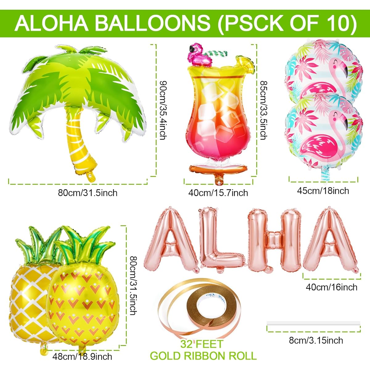 Foil Balloon Kit for Luau Party Decorations, Pack of 10 Aloha Banner Pineapple Balloons Inflatable Palm Tree Flamingo Balloon Luau Balloons for Hawaiian Party Decorations