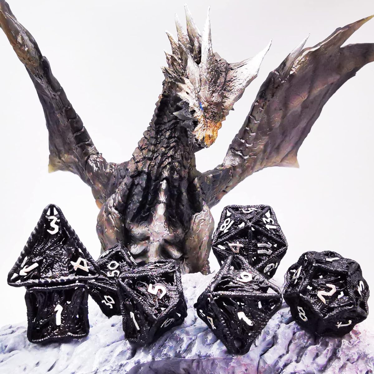 HAOMEJA Dice Hollow DND Dragon Metal Dice Set Role Playing Dice 7 Pieces D&D Dungeons & Dragons Dice (Black)