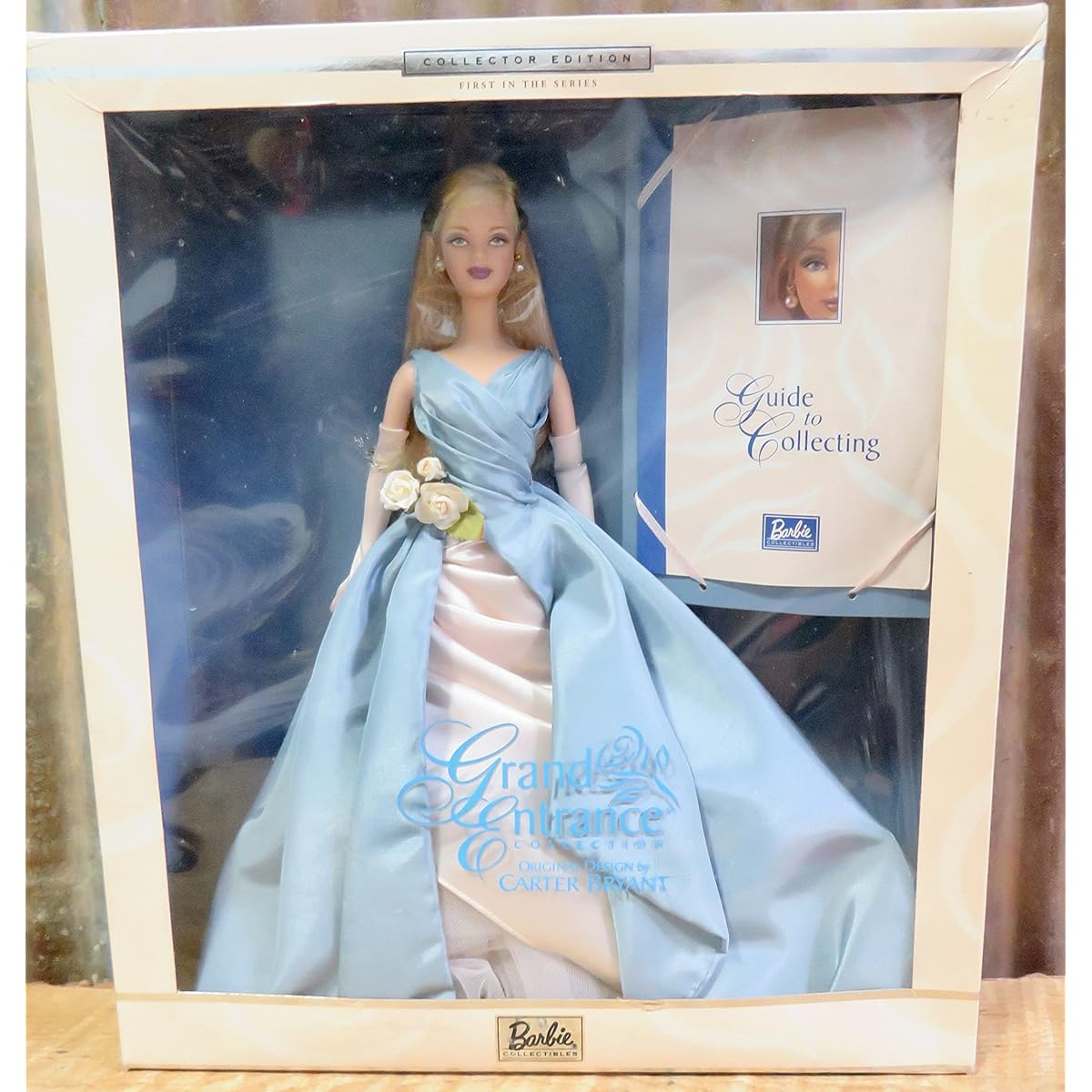 MATTEL BARBIE blonde doll grand entrance collection original design by CARTER BRYANT - ELLEGANTE BLUE AND WHITE DRESS - + guide to collection - 2000