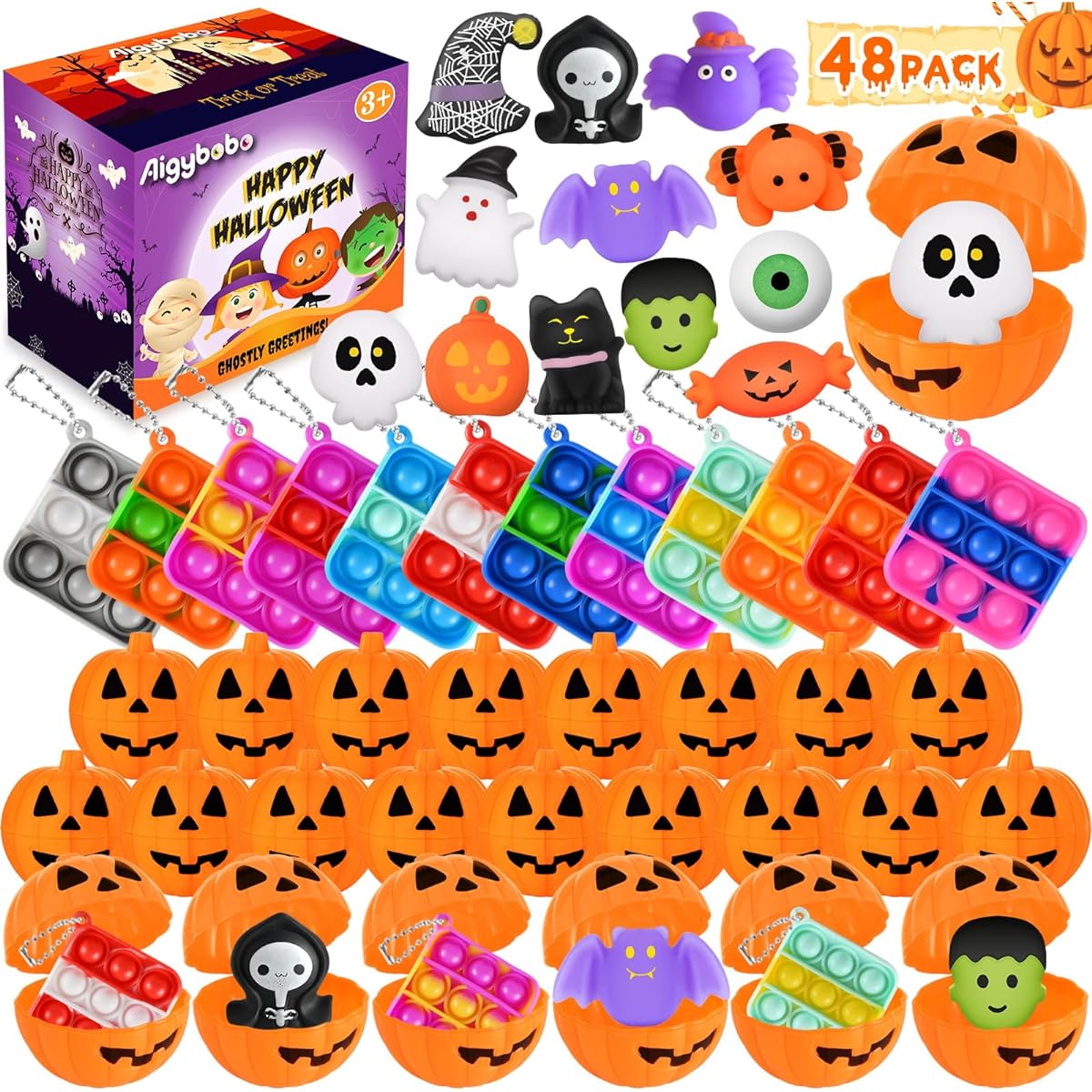 48 Pieces Halloween Party Favors Set for Kids, 24 Pack Halloween Pre-Filled Pumpkin Boxes with Mini Squeegee Toys and Push It Keychains, Trick or Treat Toy Gifts, Carnival Games, Prizes for School Classroom