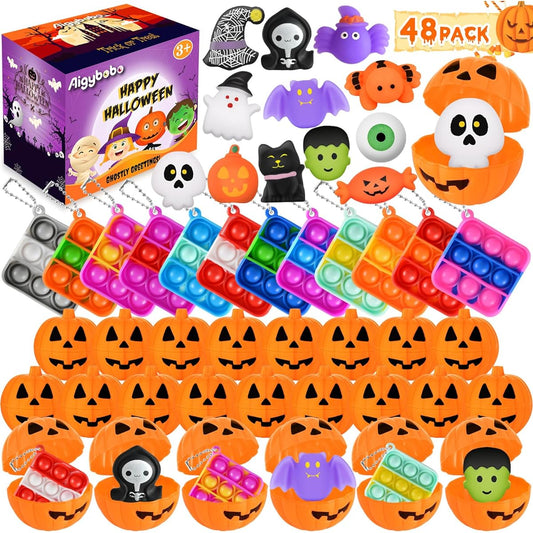 48 Pieces Halloween Party Favors Set for Kids, 24 Pack Halloween Pre-Filled Pumpkin Boxes with Mini Squeegee Toys and Push It Keychains, Trick or Treat Toy Gifts, Carnival Games, Prizes for School Classroom