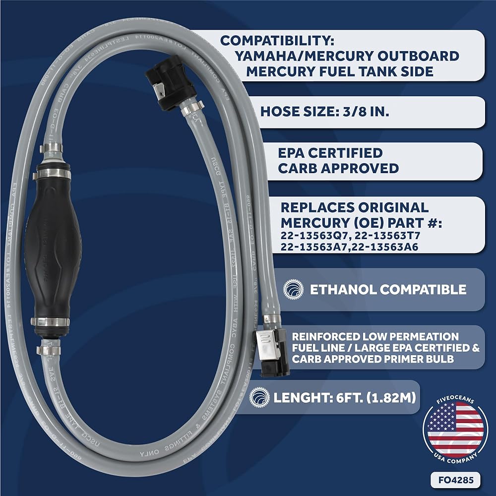 Five Oceans 3/8 Marine Fuel Line Yamaha Mercury Outboard Fuel Line Boat Motor Fuel Line Hose Reinforced EPA/CARB Part 22-13563Q7 22-13563A7 22-13563A6 22-13563T7 - Replaces FO4285.