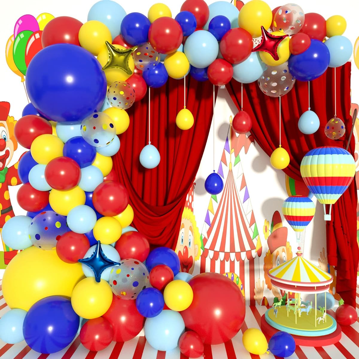 MOMOHOO Carnival Circus Party Decorations - Circus Carnival Balloon Garland Arch Kit with Star Foil Balloons, Primary Colors Red, Blue, Yellow, Latex Balloons and Confetti Balloons