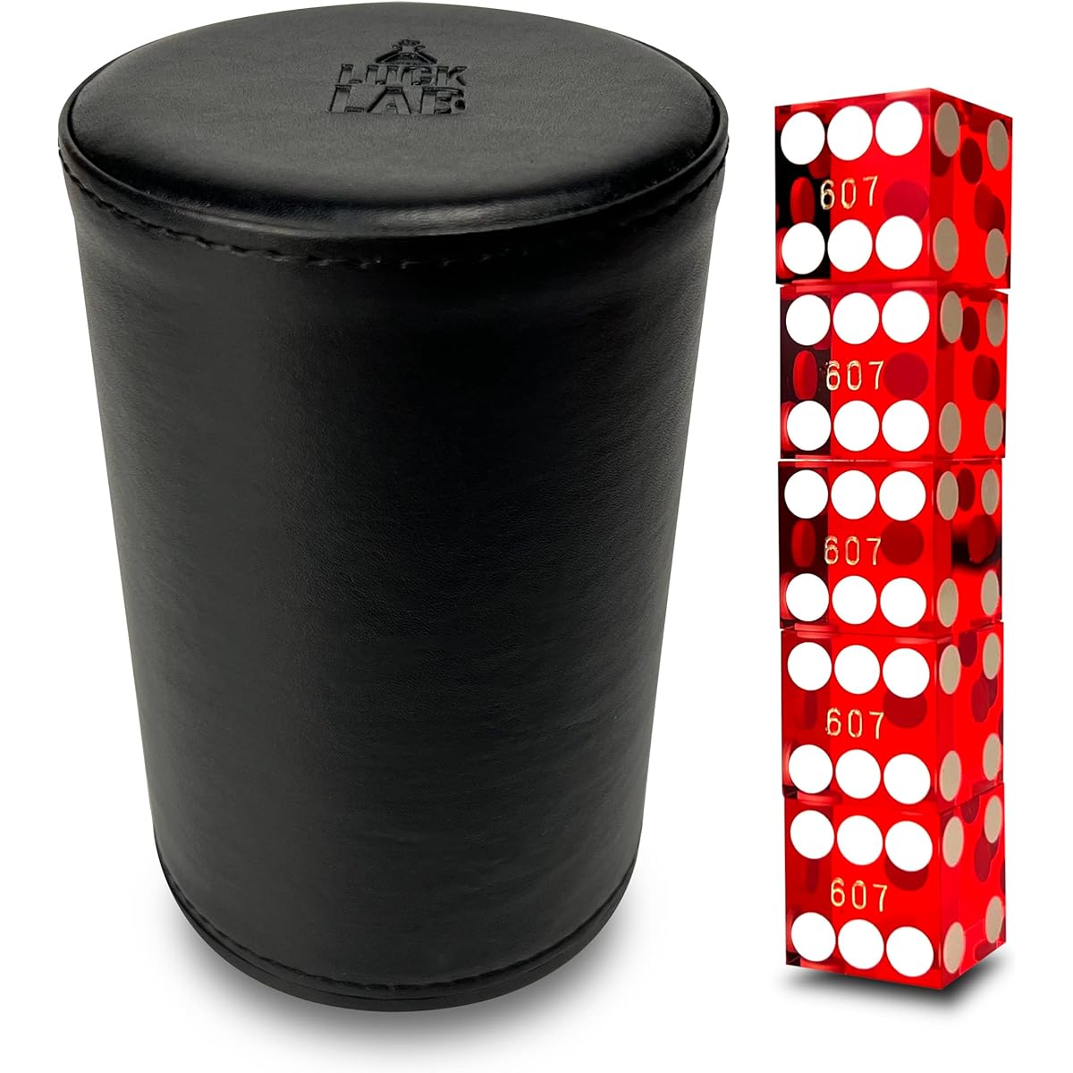 Luck Lab Black Leather Dice Stacking Cup with 5 Serialized Razor Edge 19mm Casino Dice - Pro Straight Cups for Stacking and Magic Tricks (Red Dice)