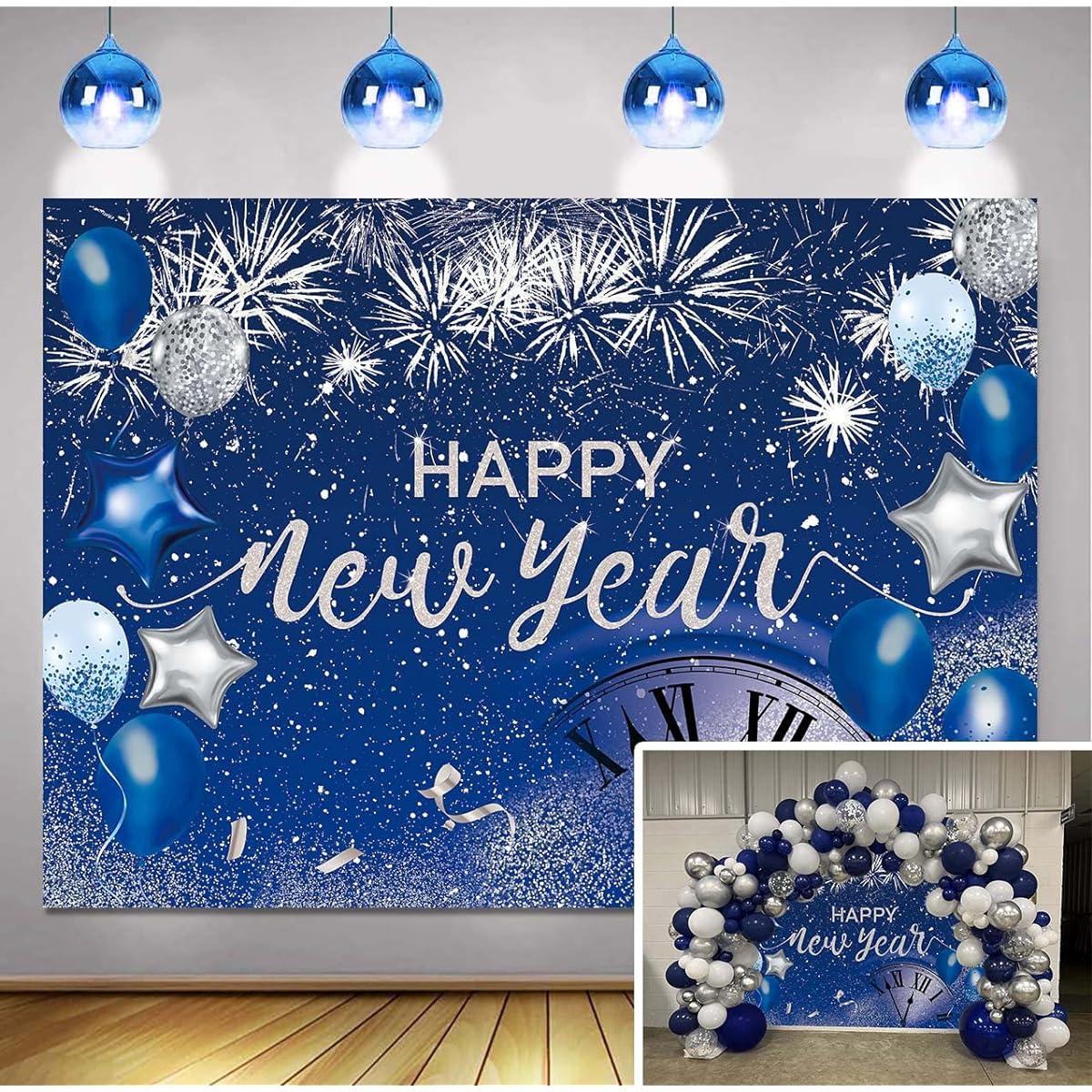 Blue Happy New Year Backdrop 2023 New Year's Eve Party Photography Backdrop Fireworks Navy Blue Silver Glitter Sequins New Year Party Decor Supplies Banner Gift Idea 7X5ft