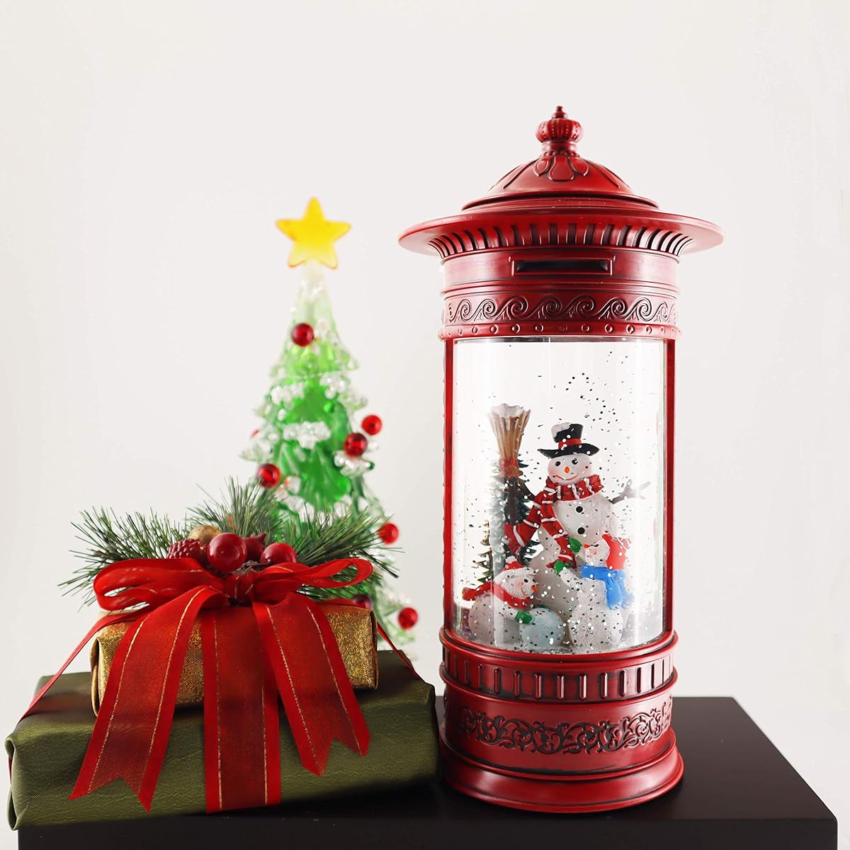 Victory Creative Snowman Family Lighted Postbox Snow Globe Spinner 10.5" Swirling Glitter Battery Powered Timer & USB
